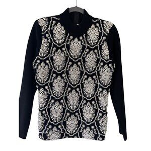 Vintage Outlander Black & White Beaded Embellished Crew Neck Wool Sweater